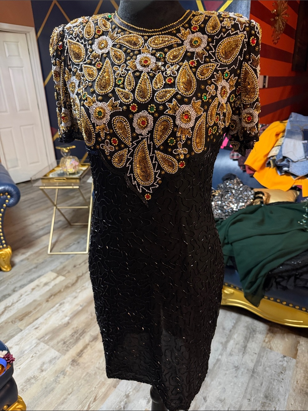 Vintage Beaded Laurence Kazar Cocktail Dress with Paisley Gold Embellishment